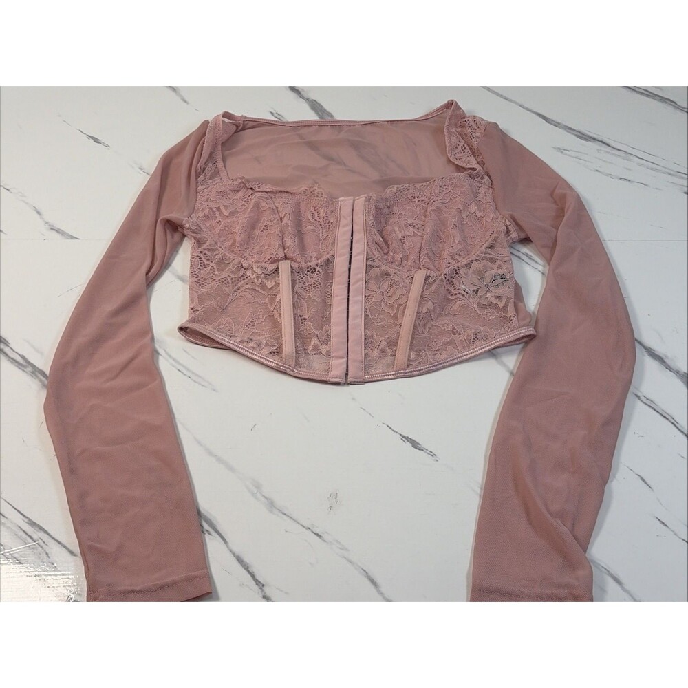Shein Womens Mesh Floral Pink Corset Long Sleeve Top Size 6